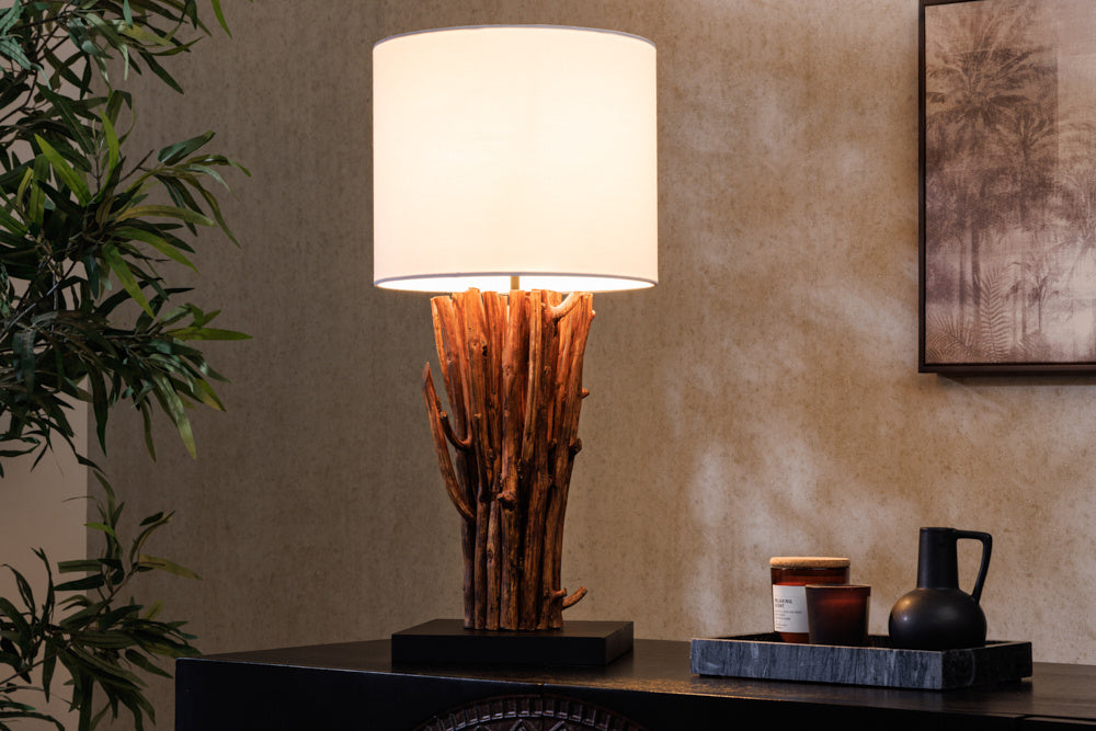 Lampe de table design EUPHORIA 60cm blanc naturel ronde en bois massif fait main - 43452