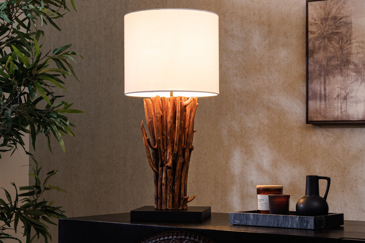 Lampe de table design EUPHORIA 60cm blanc naturel ronde en bois massif fait main - 43452