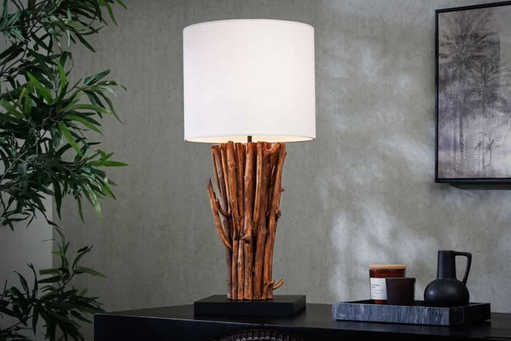 Lampe de table design EUPHORIA 60cm blanc naturel ronde en bois massif fait main - 43452
