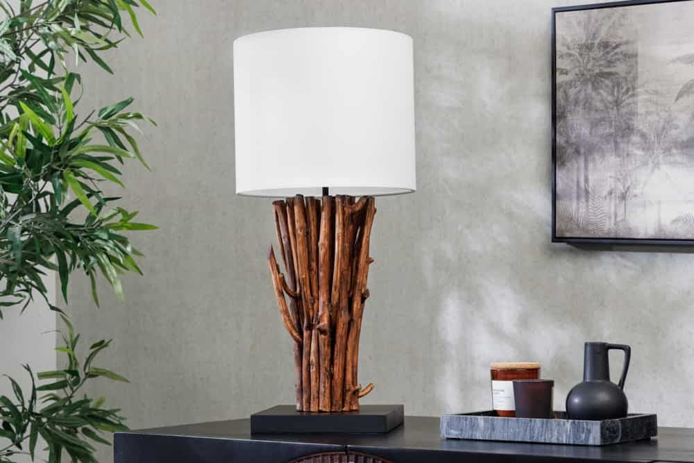 Lampe de table design EUPHORIA 60cm blanc naturel ronde en bois massif fait main - 43452