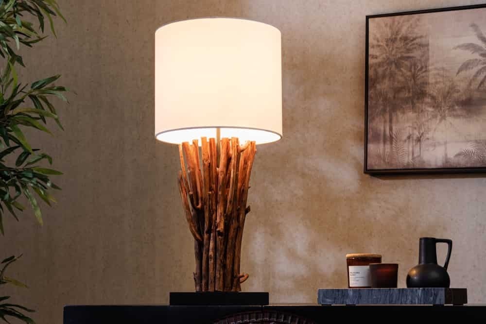 Lampe de table design EUPHORIA 60cm blanc naturel ronde en bois massif fait main - 43452