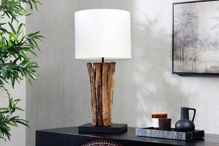 Lampe de table design PERIPHERE 60cm ronde en bois de teck blanc naturel fait main - 43453