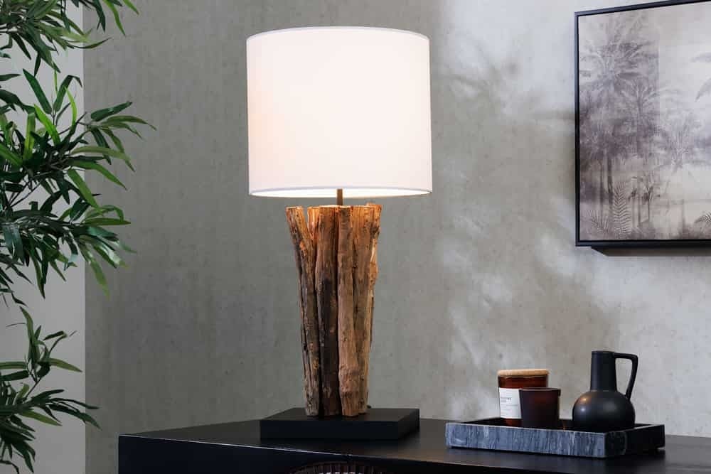 Lampe de table design PERIPHERE 60cm ronde en bois de teck blanc naturel fait main - 43453