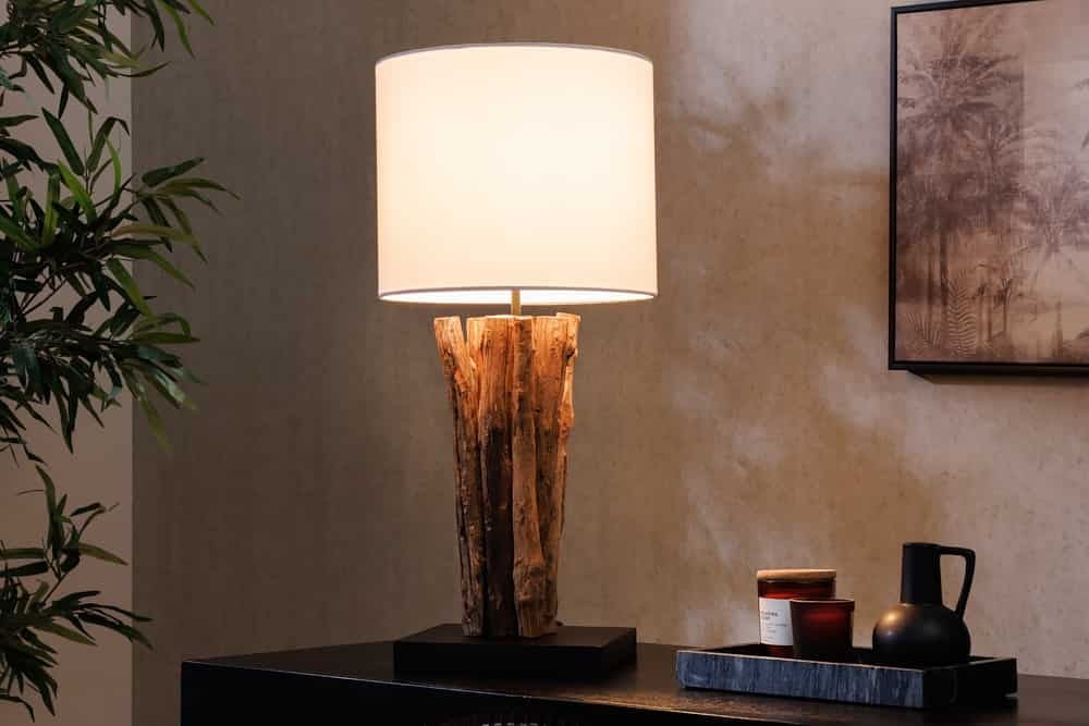 Lampe de table design PERIPHERE 60cm ronde en bois de teck blanc naturel fait main - 43453