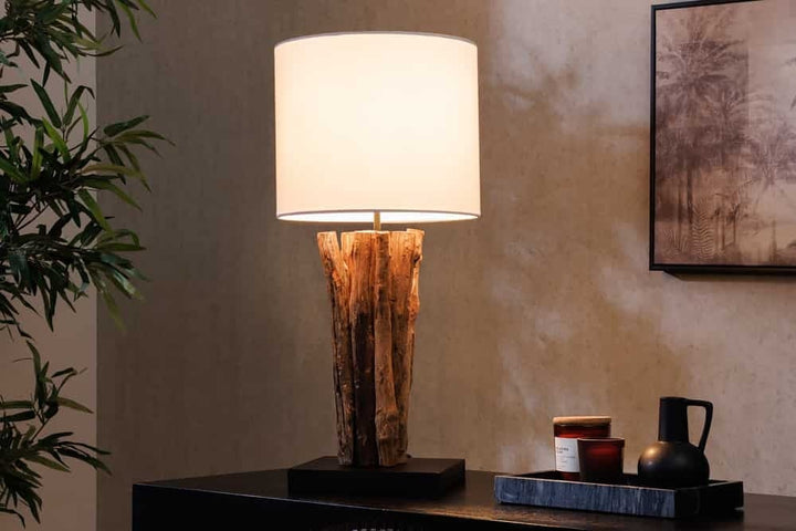 Lampe de table design PERIPHERE 60cm ronde en bois de teck blanc naturel fait main - 43453