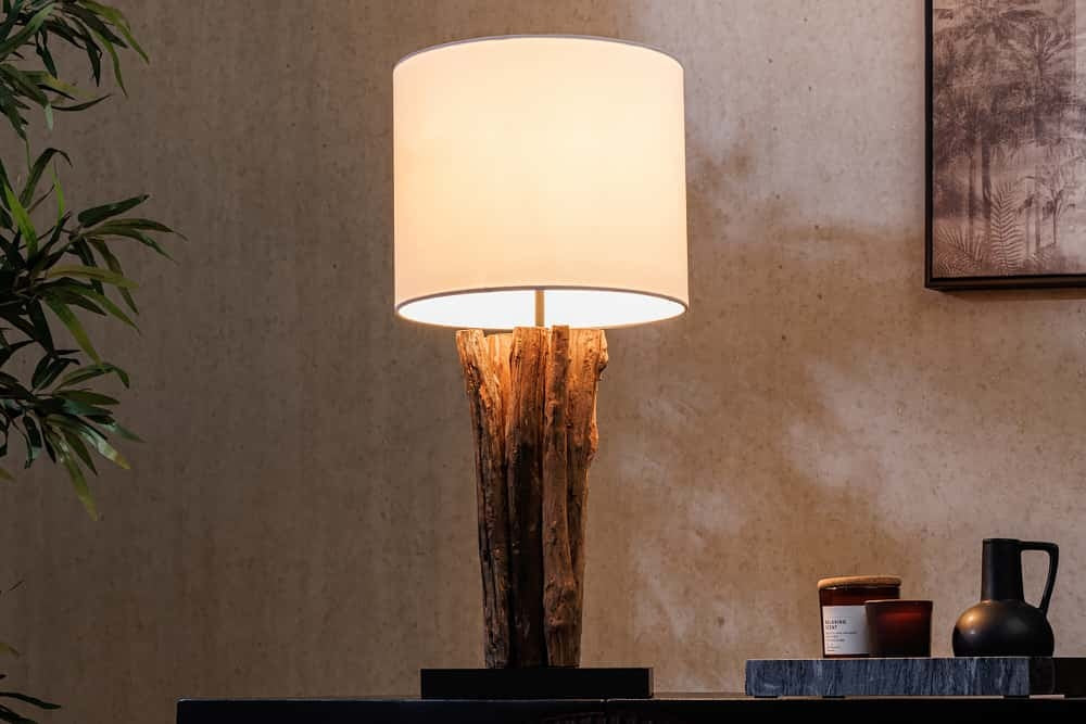 Lampe de table design PERIPHERE 60cm ronde en bois de teck blanc naturel fait main - 43453