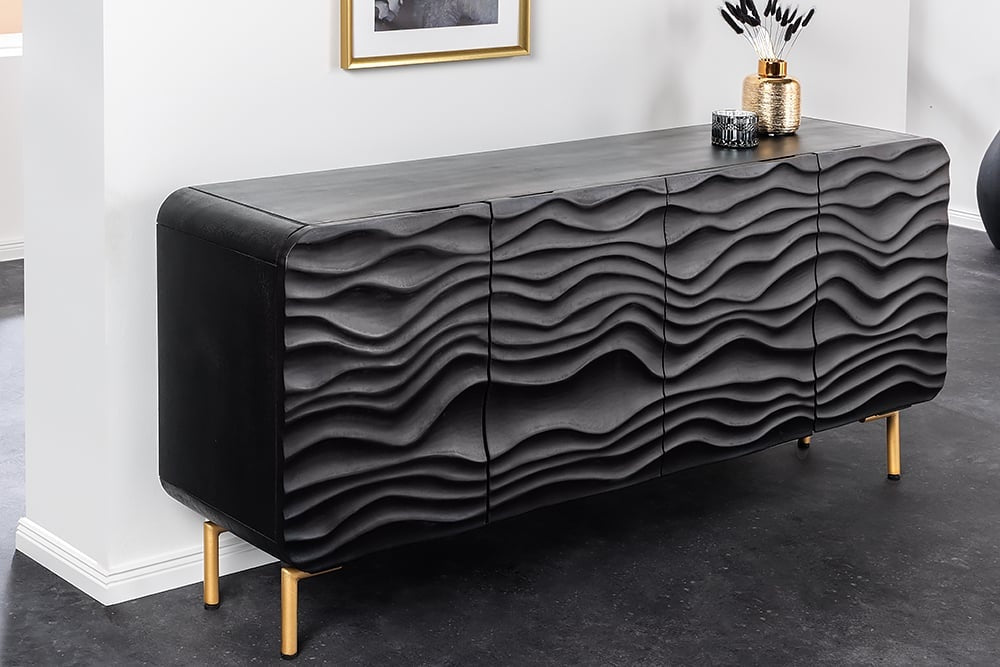 Buffet design WAVE 160cm noir mat doré en bois massif de manguier - 43476