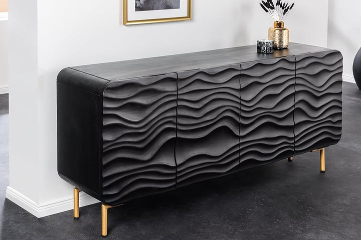 Buffet design WAVE 160cm noir mat doré en bois massif de manguier - 43476