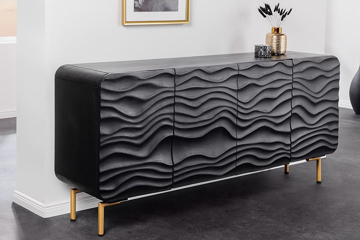 Buffet design WAVE 160cm noir mat doré en bois massif de manguier - 43476