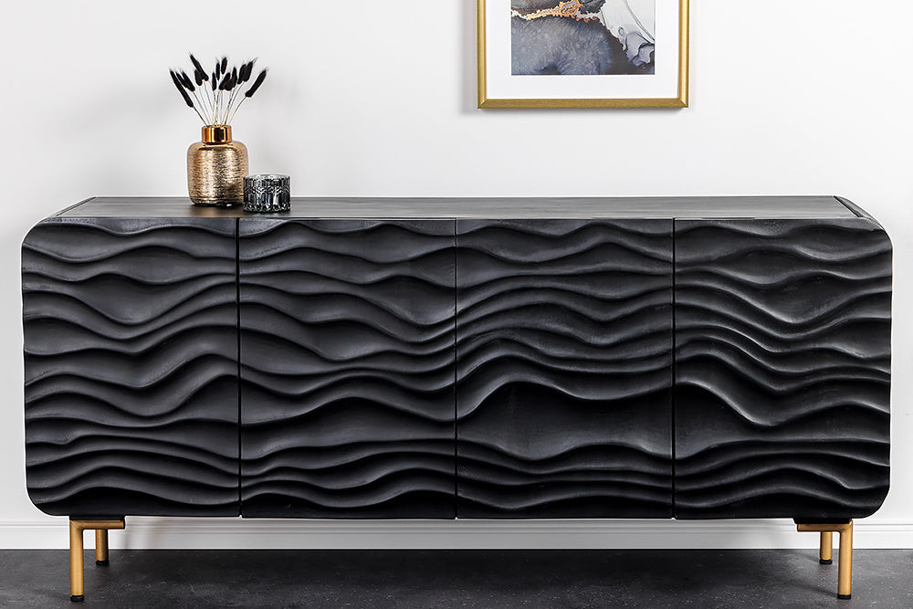 Buffet design WAVE 160cm noir mat doré en bois massif de manguier - 43476