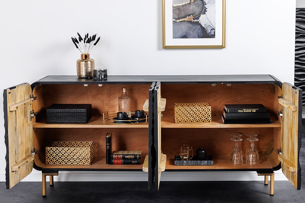 Buffet design WAVE 160cm noir mat doré en bois massif de manguier - 43476