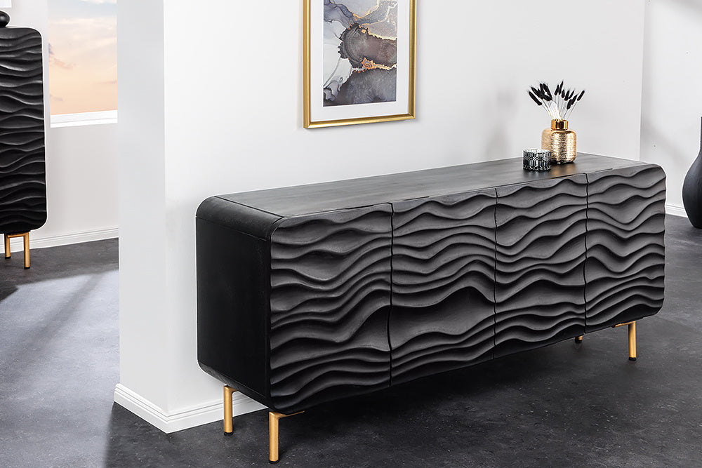 Buffet design WAVE 160cm noir mat doré en bois massif de manguier - 43476