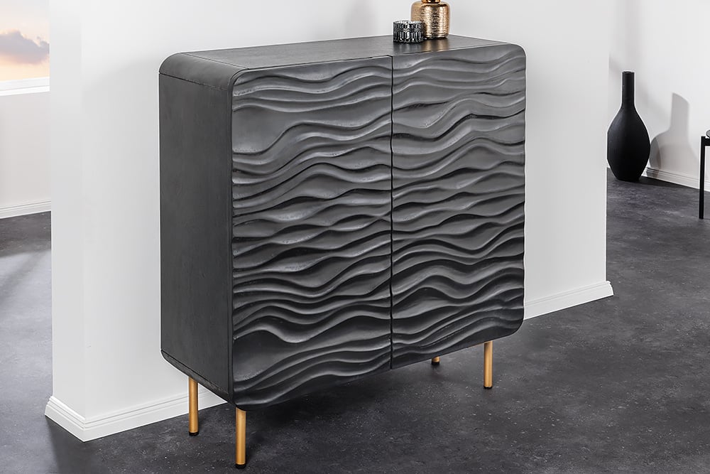 Buffet design WAVE 120cm noir mat doré en bois massif de manguier - 43478