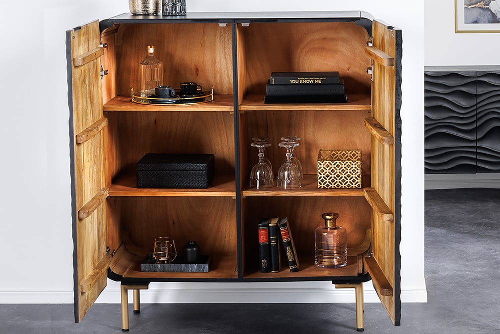 Buffet design WAVE 120cm noir mat doré en bois massif de manguier - 43478