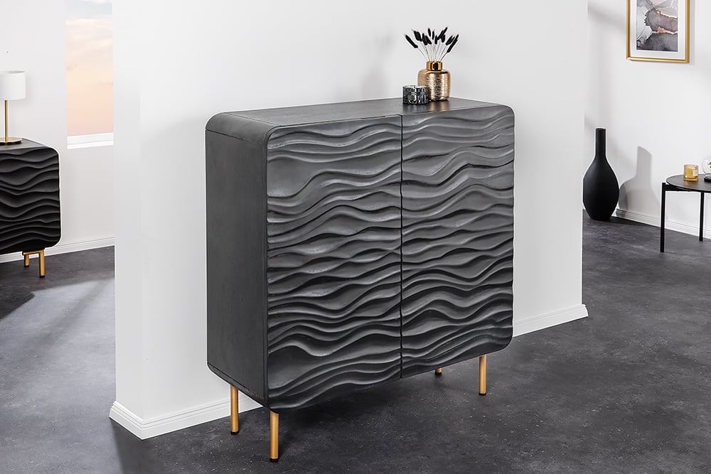 Buffet design WAVE 120cm noir mat doré en bois massif de manguier - 43478