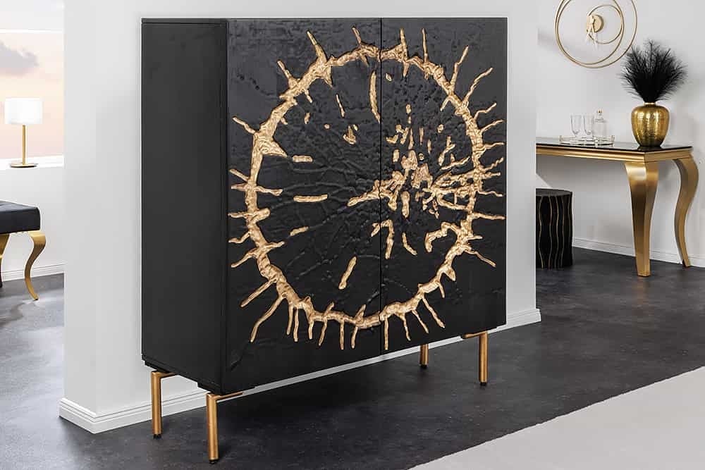 Buffet en bois massif THE CIRCLE 120cm métal manguier noir doré rétro - 43479