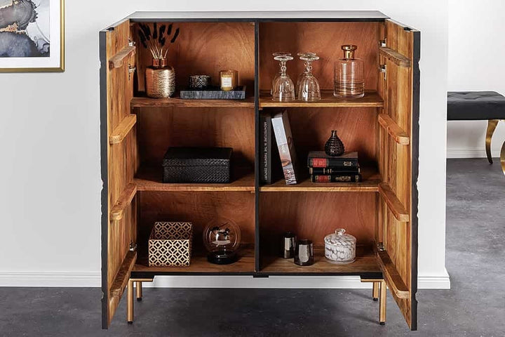 Buffet en bois massif THE CIRCLE 120cm métal manguier noir doré rétro - 43479