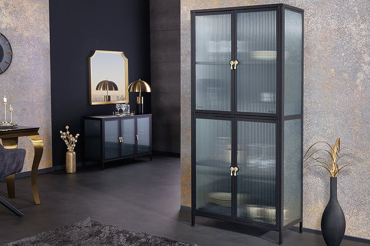 Vitrine moderne AMSTERDAM 180cm meuble haut en métal et verre nervuré noir doré - 43532