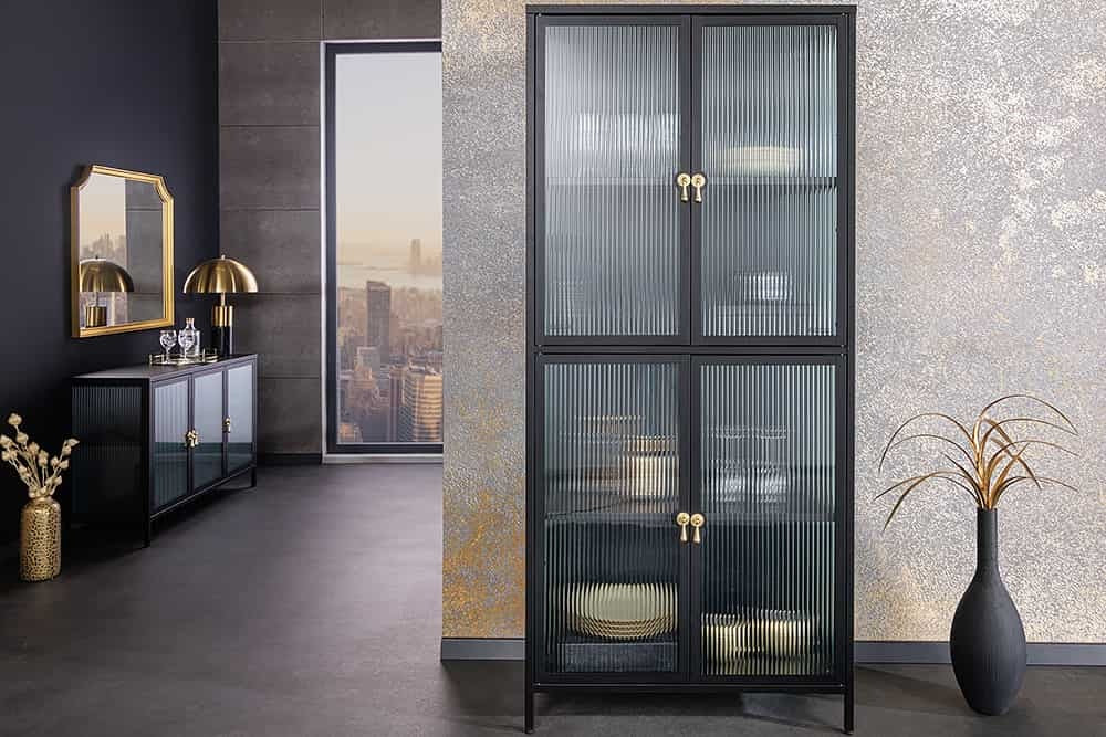 Vitrine moderne AMSTERDAM 180cm meuble haut en métal et verre nervuré noir doré - 43532