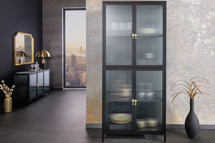 Vitrine moderne AMSTERDAM 180cm meuble haut en métal et verre nervuré noir doré - 43532