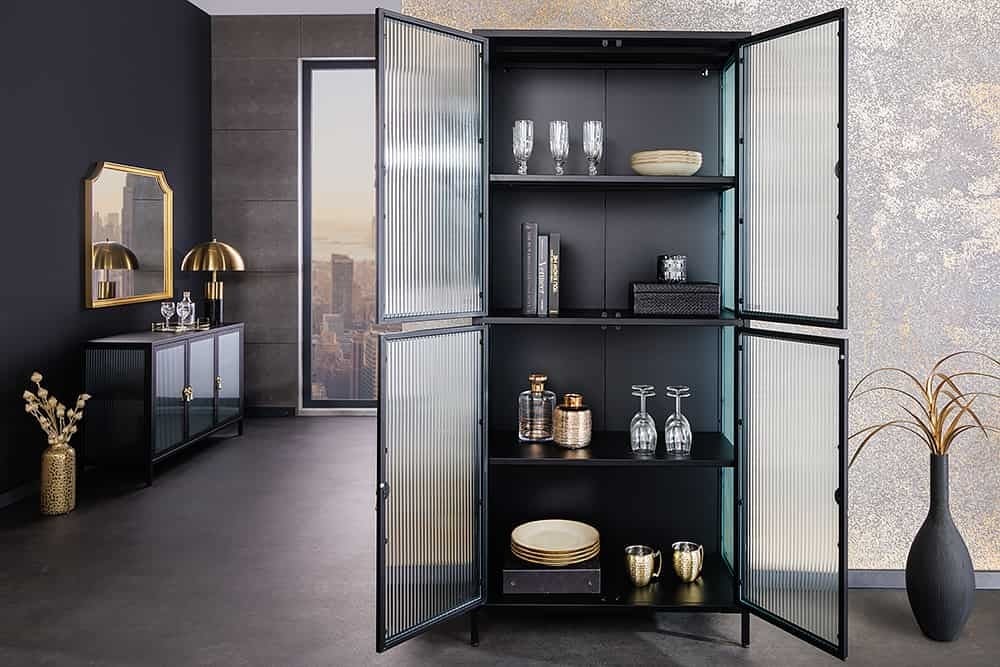Vitrine moderne AMSTERDAM 180cm meuble haut en métal et verre nervuré noir doré - 43532