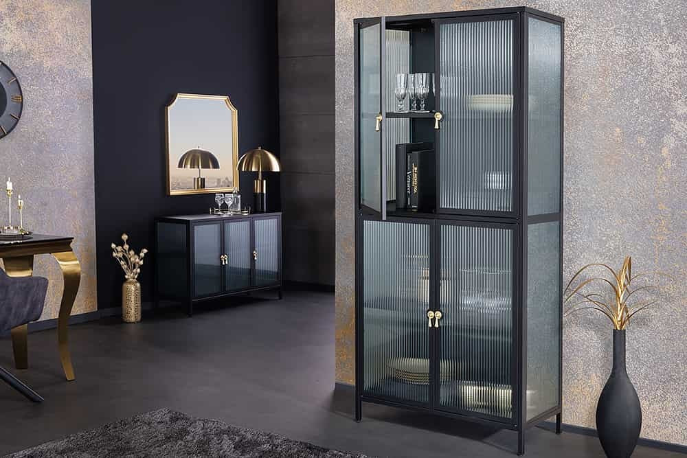 Vitrine moderne AMSTERDAM 180cm meuble haut en métal et verre nervuré noir doré - 43532