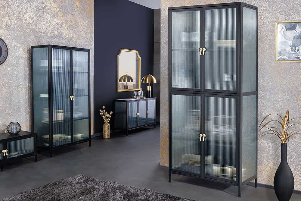 Vitrine moderne AMSTERDAM 160cm meuble haut en métal et verre nervuré noir doré - 43533