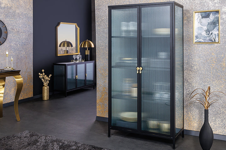 Vitrine moderne AMSTERDAM 160cm meuble haut en métal et verre nervuré noir doré - 43533