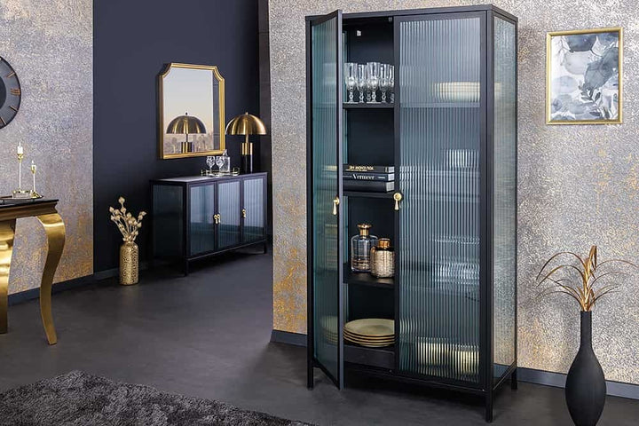Vitrine moderne AMSTERDAM 160cm meuble haut en métal et verre nervuré noir doré - 43533