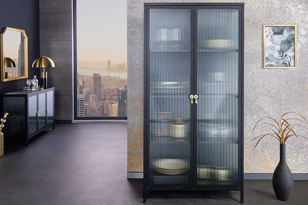 Vitrine moderne AMSTERDAM 160cm meuble haut en métal et verre nervuré noir doré - 43533
