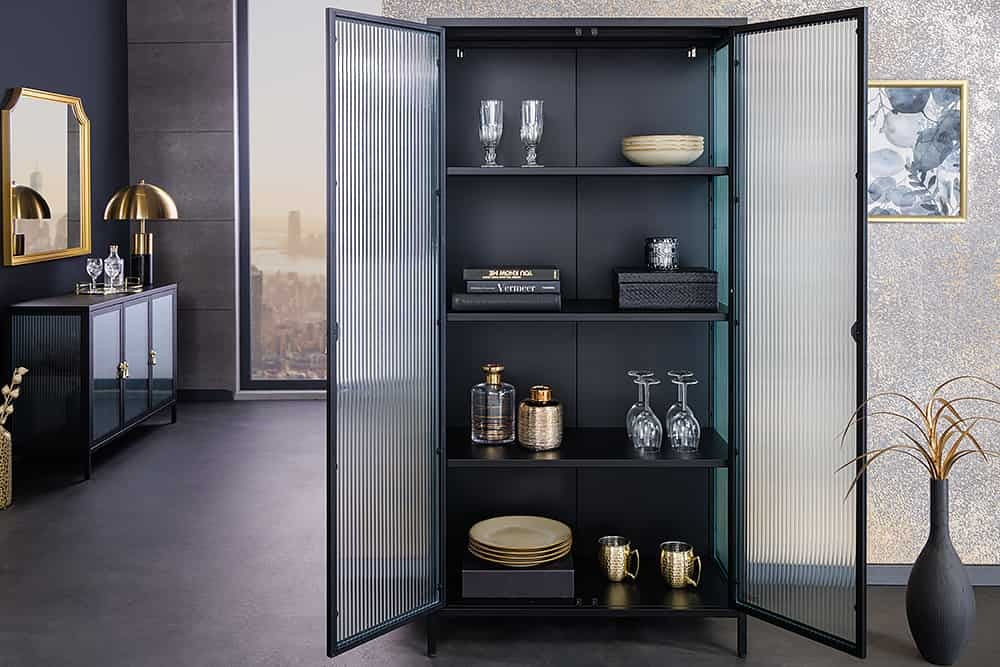 Vitrine moderne AMSTERDAM 160cm meuble haut en métal et verre nervuré noir doré - 43533