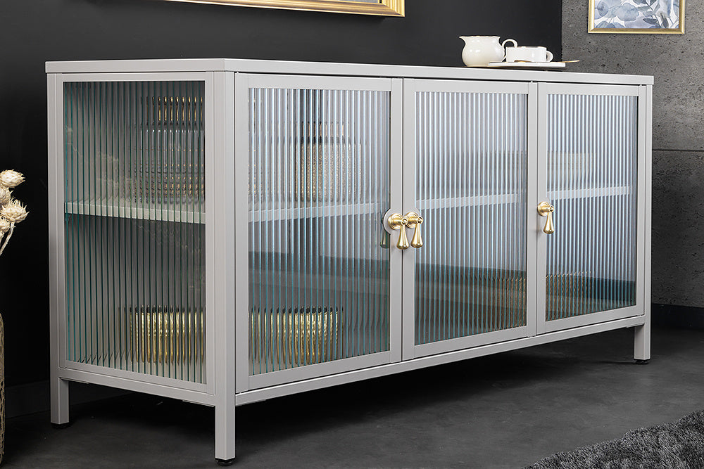 Buffet moderne AMSTERDAM 105cm vitrine en métal verre nervuré gris doré - 43535