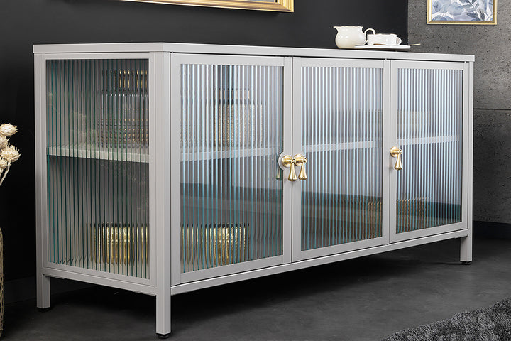 Buffet moderne AMSTERDAM 105cm vitrine en métal verre nervuré gris doré - 43535