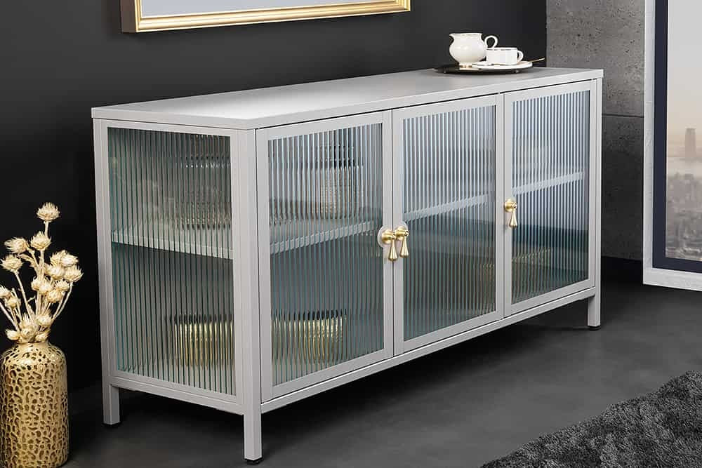 Buffet moderne AMSTERDAM 105cm vitrine en métal verre nervuré gris doré - 43535