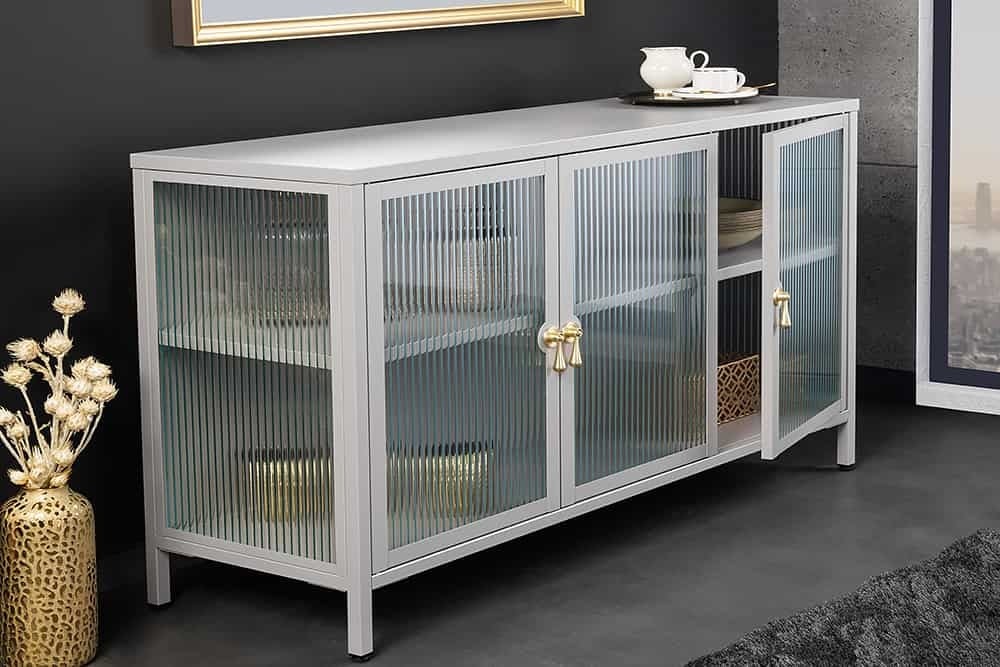 Buffet moderne AMSTERDAM 105cm vitrine en métal verre nervuré gris doré - 43535