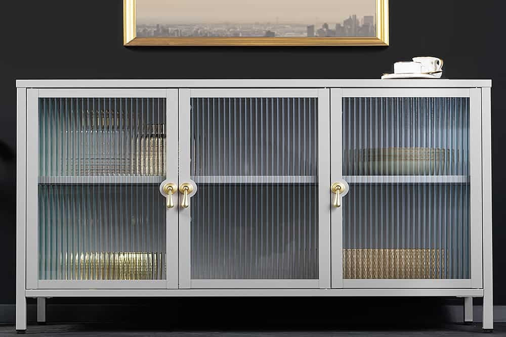 Buffet moderne AMSTERDAM 105cm vitrine en métal verre nervuré gris doré - 43535
