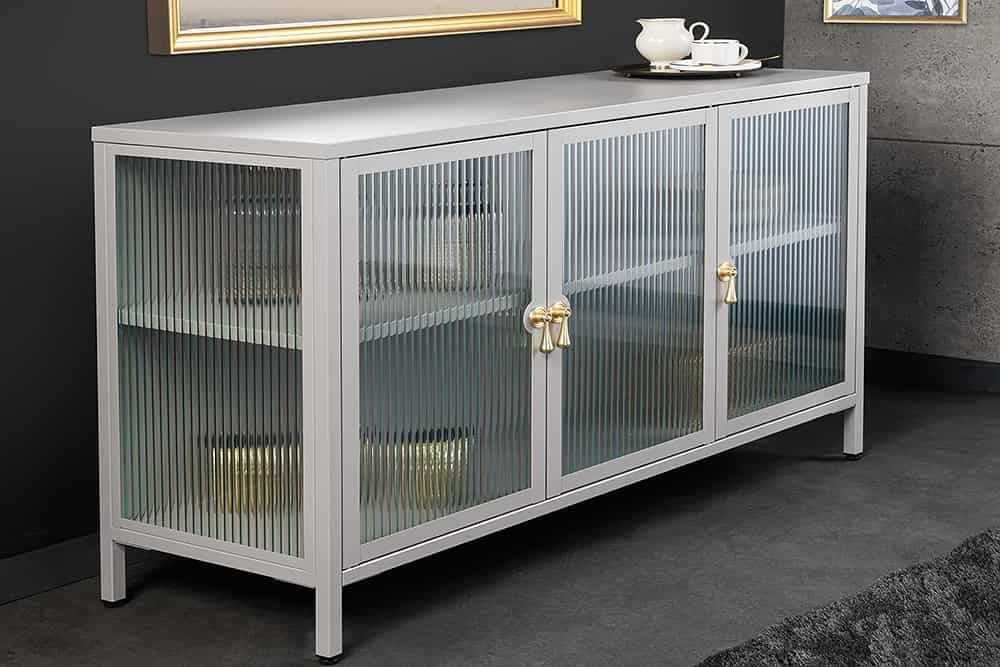 Buffet moderne AMSTERDAM 105cm vitrine en métal verre nervuré gris doré - 43535