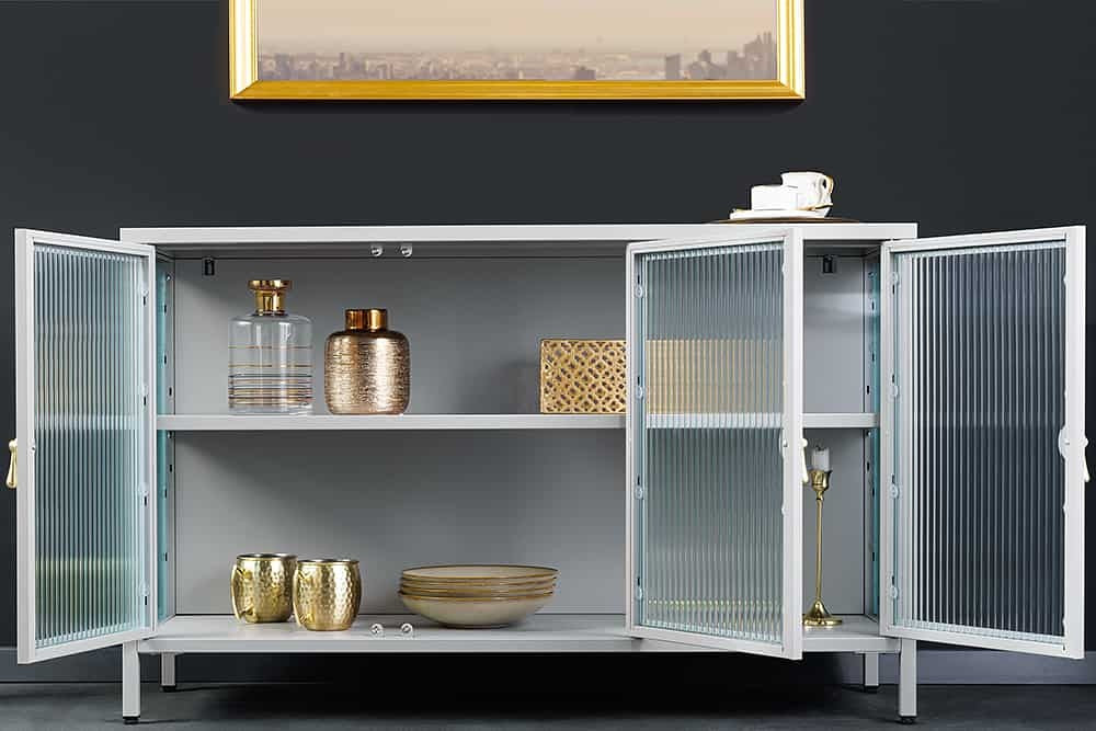 Buffet moderne AMSTERDAM 105cm vitrine en métal verre nervuré gris doré - 43535