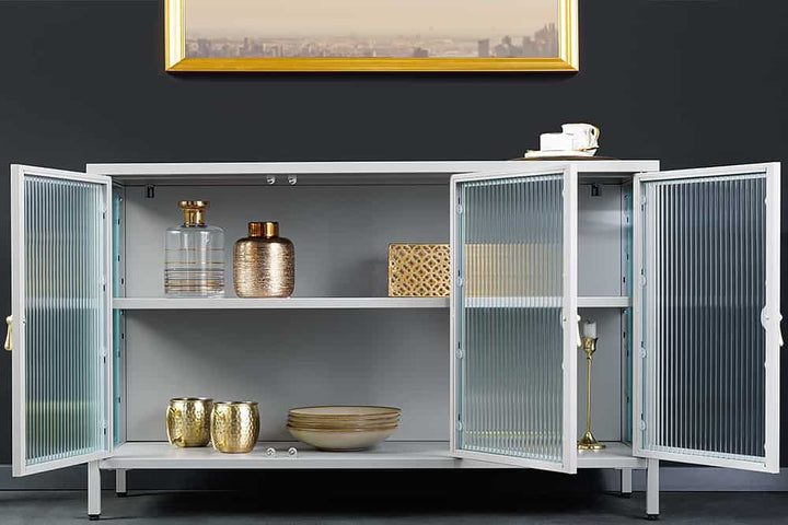 Buffet moderne AMSTERDAM 105cm vitrine en métal verre nervuré gris doré - 43535