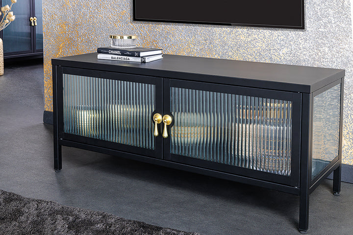 Buffet TV moderne AMSTERDAM 90cm vitrine en métal nervuré noir doré - 43536