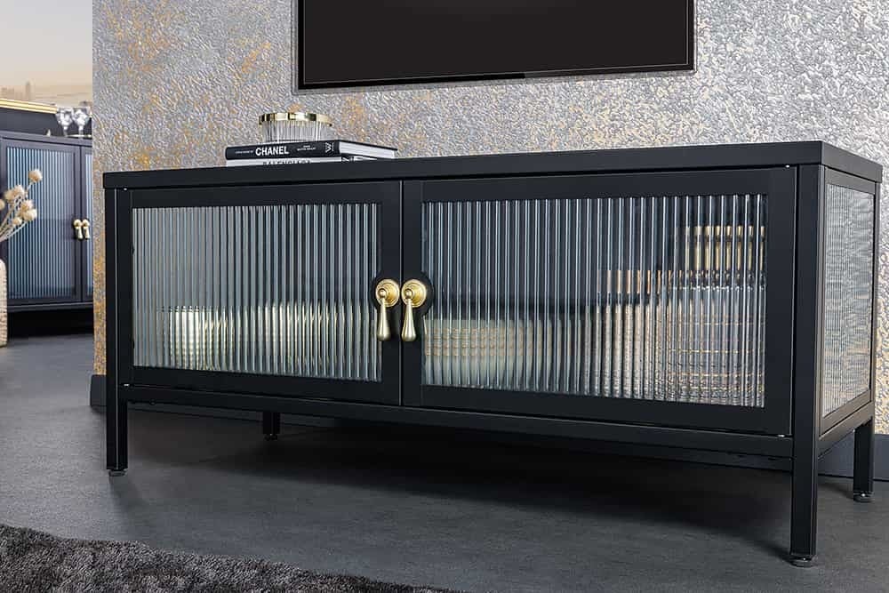 Buffet TV moderne AMSTERDAM 90cm vitrine en métal nervuré noir doré - 43536