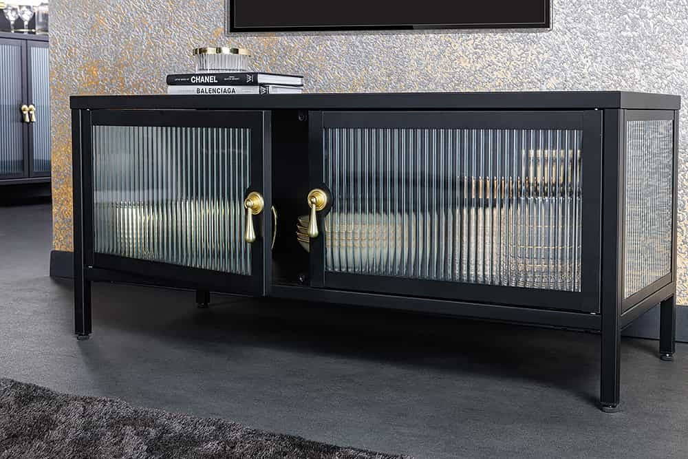 Buffet TV moderne AMSTERDAM 90cm vitrine en métal nervuré noir doré - 43536