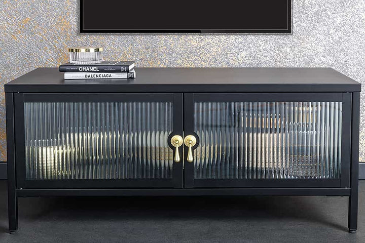 Buffet TV moderne AMSTERDAM 90cm vitrine en métal nervuré noir doré - 43536