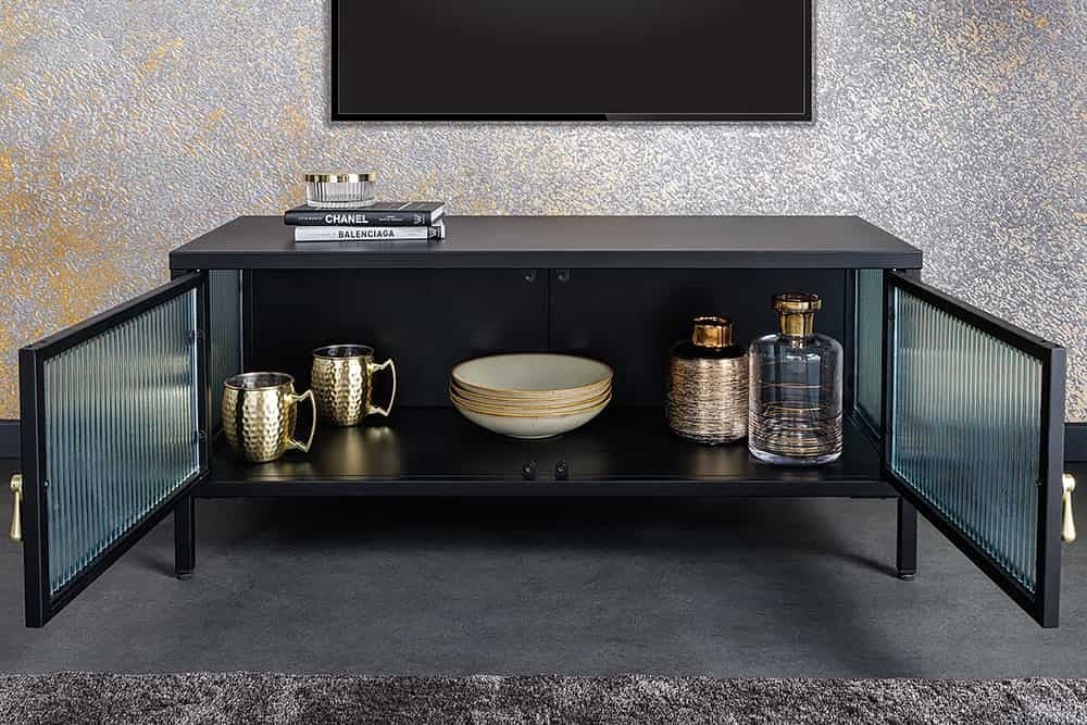 Buffet TV moderne AMSTERDAM 90cm vitrine en métal nervuré noir doré - 43536
