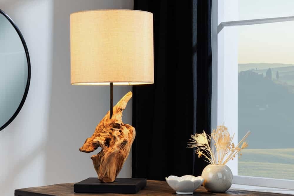 Lampe de table en bois flotté HYPNOTIC 60cm abat-jour lin naturel maritime - 43603
