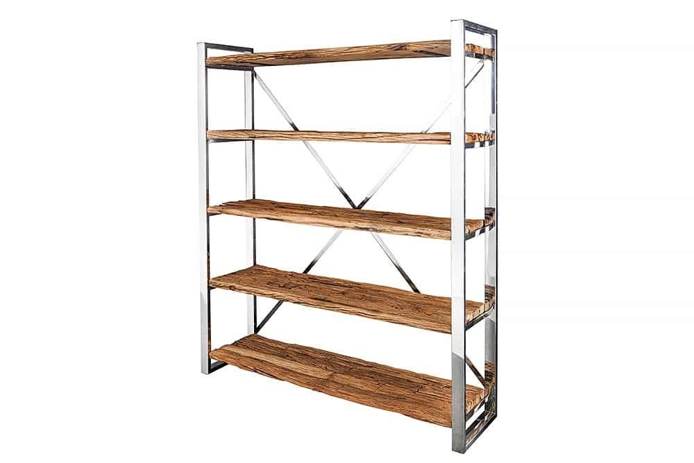 Etagère bois massif BARRACUDA 185cm teck marron bibliothèque inox argenté chromé - 43616