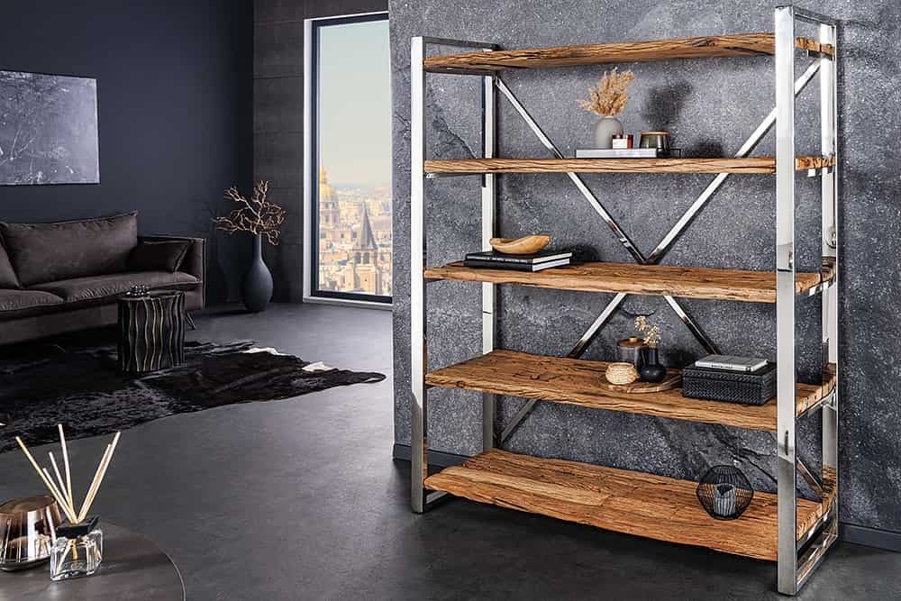 Etagère bois massif BARRACUDA 185cm teck marron bibliothèque inox argenté chromé - 43616