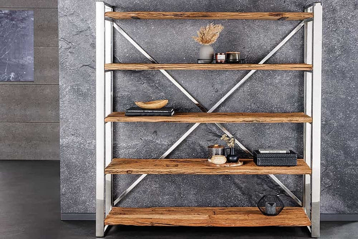 Etagère bois massif BARRACUDA 185cm teck marron bibliothèque inox argenté chromé - 43616