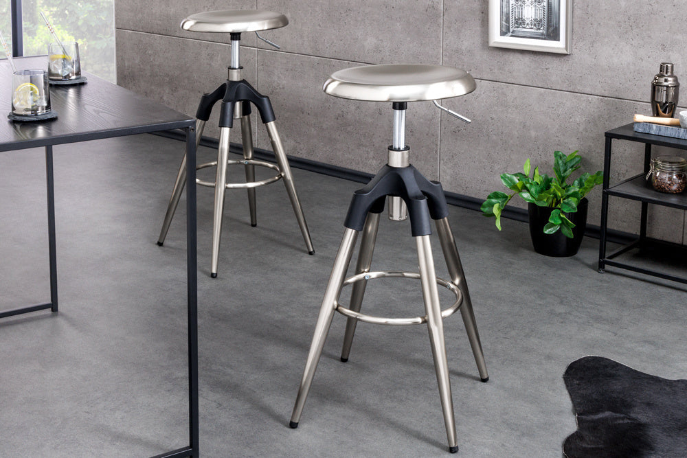 Tabouret de bar réglable en hauteur INDUSTRIAL chrome brossé métal noir argenté rond pivotant - 43655