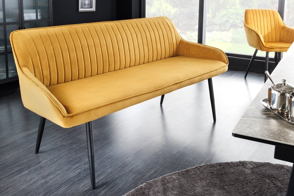 Canapé design TURIN 160cm velours jaune moutarde pieds métal noir accoudoir - 43694